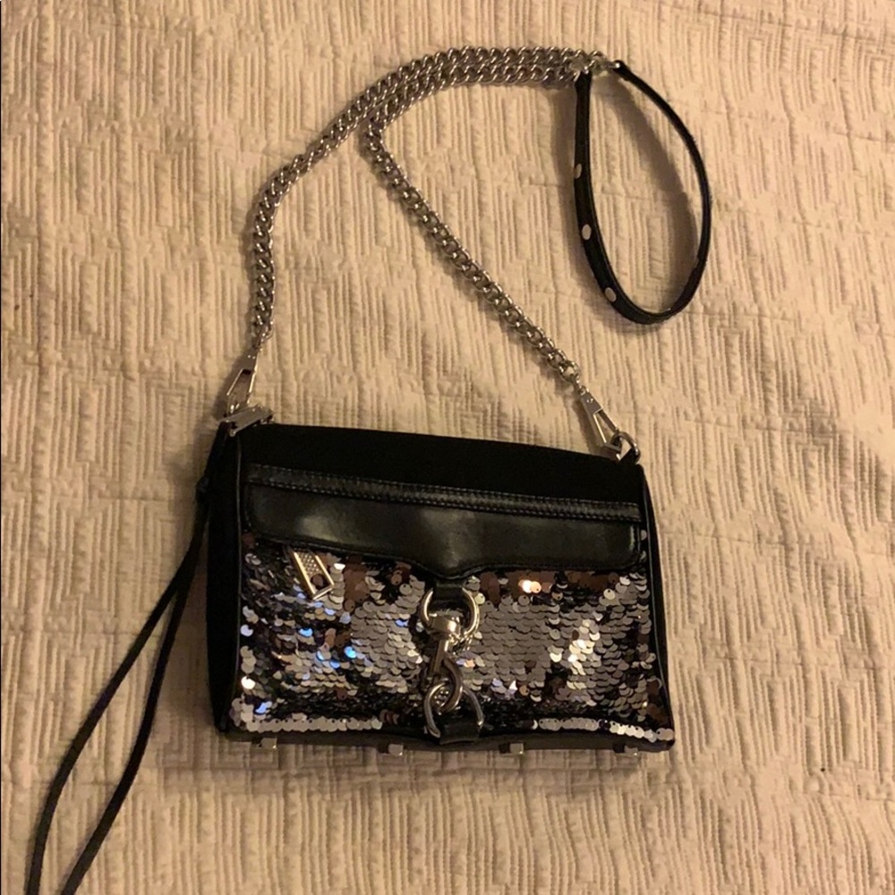 REBECCA MINKOFF BLACK LEATHER SILVER GLITTER BAG